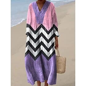 Robe Midi Femme Col V Manches Longues Kaftan Léger Coupe Ample Robe A Ligne Décontractée Boho Fête Sortie Graphique Géométrique Manches Longues Col V Jaune Vio
