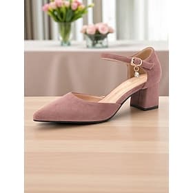 Escarpins à talons compensés en daim rose pour femme, avec bride à la cheville – élégants escarpins à bout pointu et détails charmants pour mariages, fêtes et