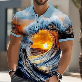 Men's Spray Polo Short Sleeve Polo Shirts Casual Athleisure Daily Wear 3D Print Buttons Summer Navy Blue Blue Gray