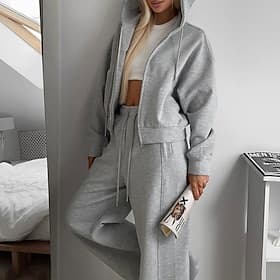 Women's Tracksuit Sweatpants Zip Up Hoodie Drawstring Pocket Solid Colored Clothing Suit Spring Fall White Pink Gym Training Running High Waist Windproof Light