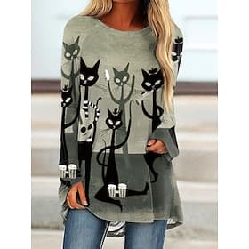 Women's T shirt Black Cat Long Sleeve Graphic Animal Vintage Stylish Classic Long Sleeve Crew Neck Round Neck Long Tops Daily Print Pink Blue Green Spring Fall