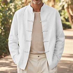 Men's Shirt Jacket Linen Jacket Shacket Vacation Daily Breathable Pocket Spring Fall Plain Fashion Classic Stand Collar Regular Black White Navy Blue Khaki Jac