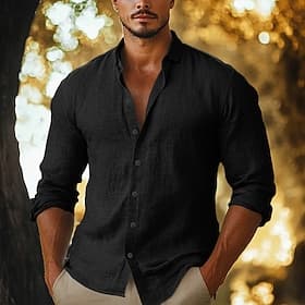 Herren Hemd Leinenhemd Knopfhemd Einfach Urlaub Lässig Schwarz Gelb Marineblau Braun Langarm Revers Sommer Herbst Bekleidung Knöpfe