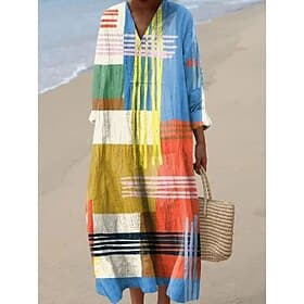 Womens Midi Kleid V-Ausschnitt Lange Ärmeln Kaftan Leicht Loose Fit Lässiges Kleid A-Linie Kleid Lässig Boho Party Loose Fit Grafik Geometrisch Abstrakt Lange