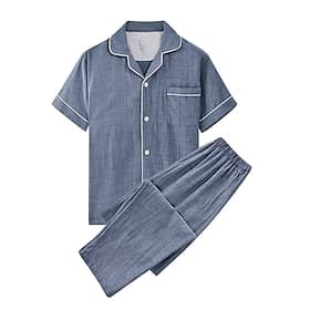Men's Sleepwear Pajama Set Pajama Top and Pant 1 set Plain Fashion Stylish Classic Home Daily Bed Cotton Comfort Soft Breathable Lapel Short Sleeve Shirt Pant