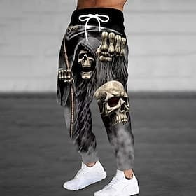 Men's Skull Death Costumes Sweatpants Joggers Trousers Mid Waist Drawstring Elastic Waist Dark Gothic Style Jogging Streetwear Workout Athletic Sweatpants with