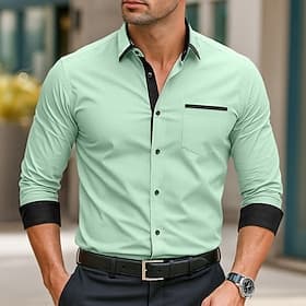 Men's Shirt Dress Shirt Button Down Shirt Non Iron Shirt Button Up Shirt Color Block Daily Wedding Light Green Navy Blue Long Sleeve Collar Spring   Fall All S