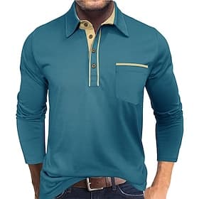 Herren Golfshirt Golf Poloshirts Lässig Arbeit Revers Langarm Basic Modern Farbblock Tasche Knöpfe Frühling Herbst Normale Passform Aprikose Schwarz Marineblau