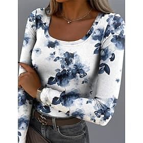 Women's T shirt Long Sleeve Ribbed Graphic Square Neck Long Sleeve Casual Floral Plants Vintage Stylish Regular Tops Daily Print Black White Yellow Light Green