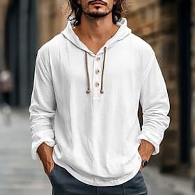 Men's Shirt Linen Shirt Beach Wear Button Up Shirt Hooded Shirt Plain Vacation Casual White Blue Army Green Gray Long Sleeve Hooded Summer Spring Clothing Appa
