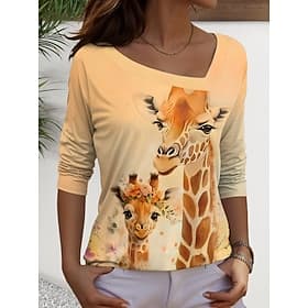Women's T Shirt Print Graphic Animal Vintage Casual Long Sleeve Asymmetric Neck Regular Tops Daily White Yellow Orange Khaki Summer Spring Fall