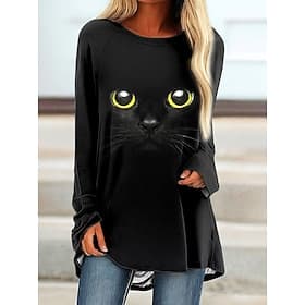 Women's T shirt Long Sleeve Graphic Animal Cat Vintage Stylish Classic Long Sleeve Crew Neck Round Neck Long Tops Daily Print Black Blue Orange Spring Fall Pre