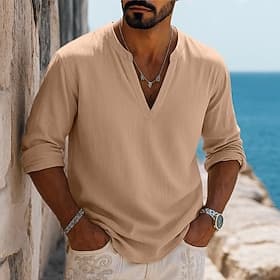 Men's Shirt Linen Shirt Viking Style Summer Shirt Beach Wear Plain Vacation Street Green Beige Long Sleeve V Neck Summer Spring Clothing Apparel