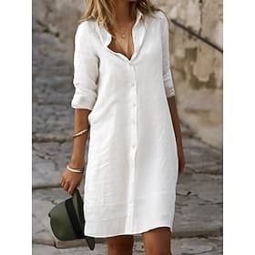 Damen Minikleid Baumwoll Mischung Hemdblusenkleid Weißes Baumwollkleid Figurbetontes Kleid Urlaub Basic Modern Täglich Wochenende Lässiger Schnitt Einfach Drei thumbnail 2