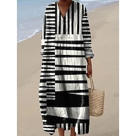 Women's Midi Dress V Neck Long Sleeve Kaftan Lightweight Loose Fit A Line Dress Casual Boho Going out Graphic Geometric Stripe Long Sleeve V Neck Ash Black Yel