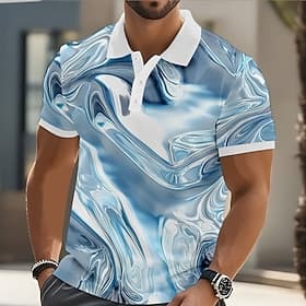 Men's Geometic Marble Polo Short Sleeve Polo Shirts Collared Shirts Casual Athleisure Outdoor clothing Streetwear Buttons Summer Blue Sky Blue Purple