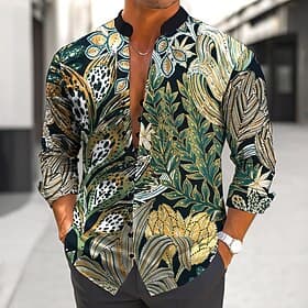 Herren Palmblatt Tropische Pflanzen Hemd Stehkragenhemd Langarm Hawaiianisch Urlaub Alltagskleidung Ausgehen Frühling Herbst Mandarinkragen Stehkragen Button-D