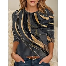 Women's T shirt Long Sleeve Crew Neck Long Sleeve Tunic Graphic Geometric Vintage Stylish Classic Round Neck Regular Tops Daily Print White Pink Green Khaki Li