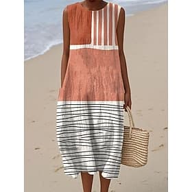 Vestido Midi de Mujer de Lino Tipo Vestido de Verano Vestido Casual Boho Salida Playa Ajuste Holgado Gráfico Geométrico Sin Mangas Cuello Redondo Rosa Rosa Cla