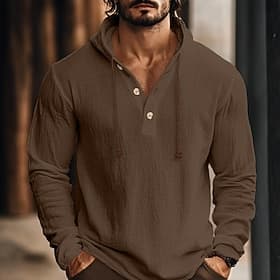 Men's Shirt Linen Shirt Hooded Shirt Plain Vacation Casual White Blue Green Coffee Long Sleeve Hooded Fall Spring  Summer Clothing Apparel