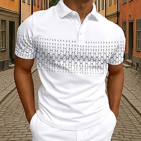 Men's Polo Casual Business Turndown Short Sleeve Geometric Buttons Summer White Blue Light Grey Polo