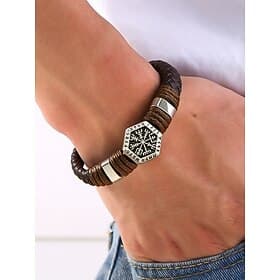 Men's Viking Rune Faux Leather Bracelet with Vegvisir Symbol – Adjustable Norse Style Woven Cuff for Men, Ideal for Gifting, Casual Outfits and Festivals