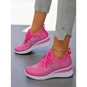 Baskets compensées Flyknit roses pour femmes avec détails en strass – Chaussures de sport légères et respirantes pour une tenue décontractée et la marche