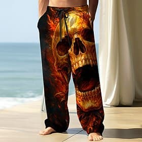 Men's Trousers Baggy Pants Casual Pants Elastic Drawstring Waist Linen-Like Pants with Pockets Skull Flame Costumes Full Length Outdoor Holiday Dark Punk Gothi