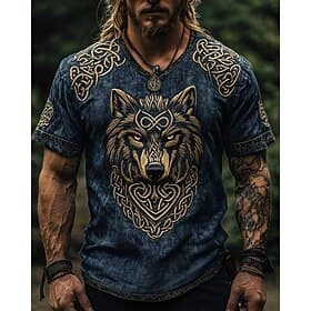 Homme T-shirt Chemise à manches courtes Manche Courte Col en V Été Loup Viking ancien Designer Style Ethnique Imprimé Vacances Rue Sortir Bleu Noir Gris foncé