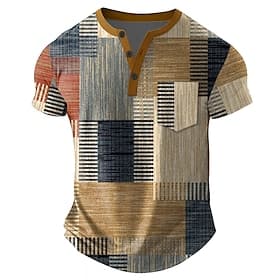 Men's Patchwork T Shirt Henley Shirt Short Sleeve T shirt 3D Print Henley Shirt Designer Retro Vintage Casual Daily Street Blue Pink Green Summer Spring All Se