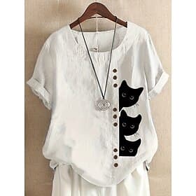 Chemises en lin 100 % coton pour femmes avec boutons motif animal chat élégant décontracté à manches courtes col ras du cou tops quotidiens de vacances à porte