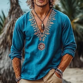 Men's Shirt Linen Shirt Viking Style Summer Shirt Beach Wear Pirate Shirt Solid Color Vacation Street Navy Blue Long Sleeve V Neck Summer Spring Clothing Appar