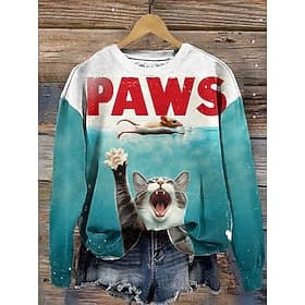 Women's Sweatshirts Print Graphic Cat Letter Casual Long Sleeve Crew Neck Regular Tops Street Dailywear Blue Purple Green Khaki Fall Winter