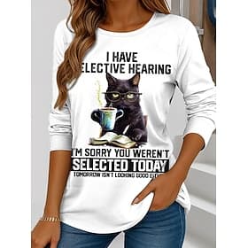 Women's T shirt Crew Neck Long Sleeve Tunic Graphic Cat Letter Vintage Stylish Classic  Round Neck Regular Tops Daily Weekend Print White / Black Black White P