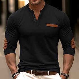 Men's Waffle Tee Waffle Henley Shirt Shirts With Elbow Patches Long Sleeve Solid Color Fashion Basic Casual Fake two piece V Neck Casual Street Sports Spring