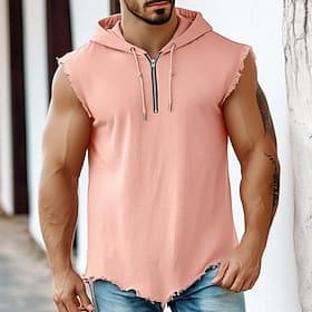 Men's Linen Shirt Tank Top Vest Undershirt Sleeveless Hooded Summer Plain Fashion Classic Modern Quarter Zip Casual Gym Street Blue Pink Khaki Top Tee for Men