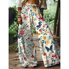 Women's Cotton Linen Pants Wide Leg Pants Trousers Bohemian Casual Long High Waist Floral Elastic Waist Printing High Cut Breathability Soft Micro-elastic Vaca