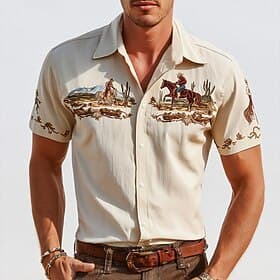 Men's Cowboy Shirt Western Shirt Short Sleeve Vintage Retro Outdoor Vacation Summer Spring Turndown 3D Print Collared Shirts Linen Like Shirt Apricot