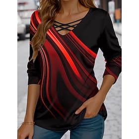Women's T Shirt Cut Out Print Graphic Geometric Vintage Stylish Casual Long Sleeve V Neck Regular Tops Daily Blue Red Royal Blue Purple Green Spring Fall