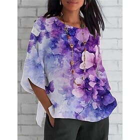 Women's Shirt Print Floral Daily Casual 3/4 Length Sleeve Crew Neck Regular Tops Daily Holiday Purple Summer Spring Fall