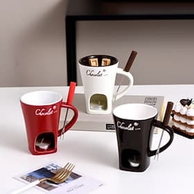 Chocolate Fondue Mug Ceramic Melting Pot With Forks Creative Mini Fondue Set For Cheese Chocolate Ice Cream Candle Heating Stove Dessert Serving Party Kitchen