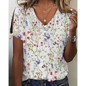 Women's T Shirt Print Floral Casual Short Sleeve V Neck Regular Tops Daily Going out Blue Pink Green Summer