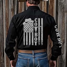 Men's American US Flag Letter Printed Shirt Western Shirt Cowboy Shirt Long Sleeve Vintage Retro Outdoor Vacation Spring Fall Turndown 3D Print Linen Like Shir
