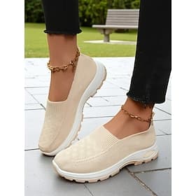 Women's Beige Flyknit Slip-On Comfort Sneakers – Lightweight Breathable Walking Shoes for Park, Errands and Everyday Wear