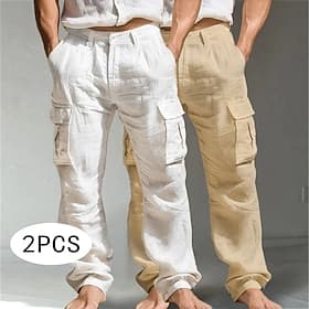 Men's Cargo Trousers Linen Pants Summer Pants Casual Pants Multi Pocket Straight Leg Multi-pack Plain Comfort Breathable Full Length Outdoor Daily Going out Fa