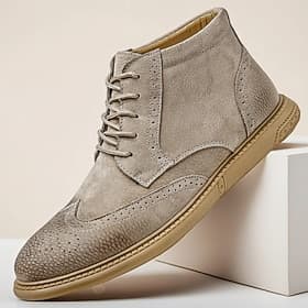 Men's Gray Suede Brogue Ankle Boots Retro Lace-Up Casual Dress Shoes for Business and Smart Casual Wear