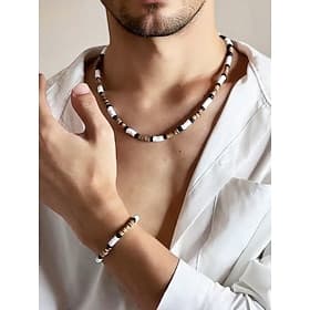 Men's Bohemian Style Beaded Necklace and Bracelet Set - White, Black, Brown Wooden Bead Jewelry for Beach, Casual Wear and Summer Parties