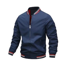Men's Lightweight Jacket Casual Jacket Vacation Daily Breathable Patchwork Pocket Spring Fall Stripe Fashion Classic Stand Collar Regular Black White Wine Navy