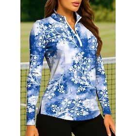 Women's Tie Dye Plants Tropical Floral Botanical Tops Golf Polo Shirt Tennis Shirt Tennis Tee Long Sleeve Print Quarter Zip Pullover UPF50 UV Protection Elasti