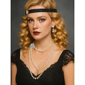 Women's 1920s Pearl Necklace and Earrings Set - Three-Layer Faux Pearl Beaded Jewelry with Rhinestone Brooch Detail, Vintage Gatsby Flapper Style Accessories f